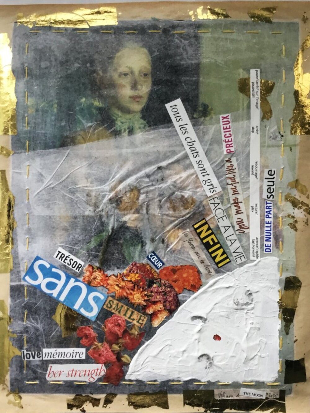 Collage on reproduction mounted on silk and butcher's papers 13 1/2 X 10 1/2inch